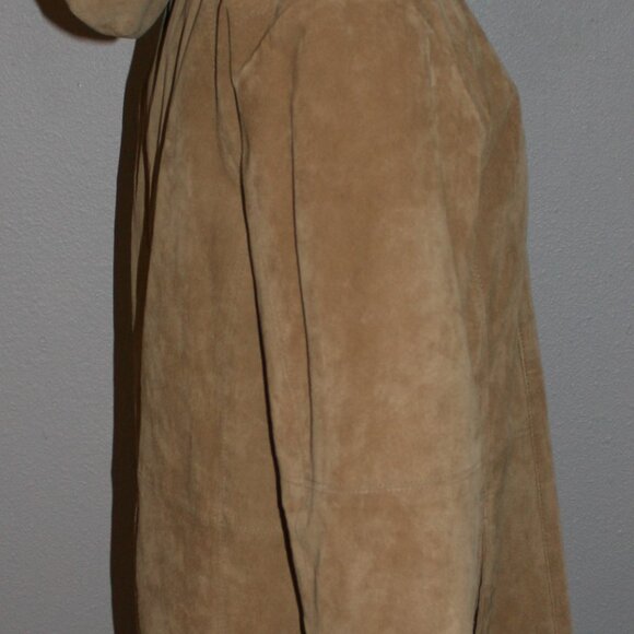 St. Johns Bay Tan Suede Leather Coat - Faux Fur/Sherling Lining w/Hood Petite S - Picture 10 of 13